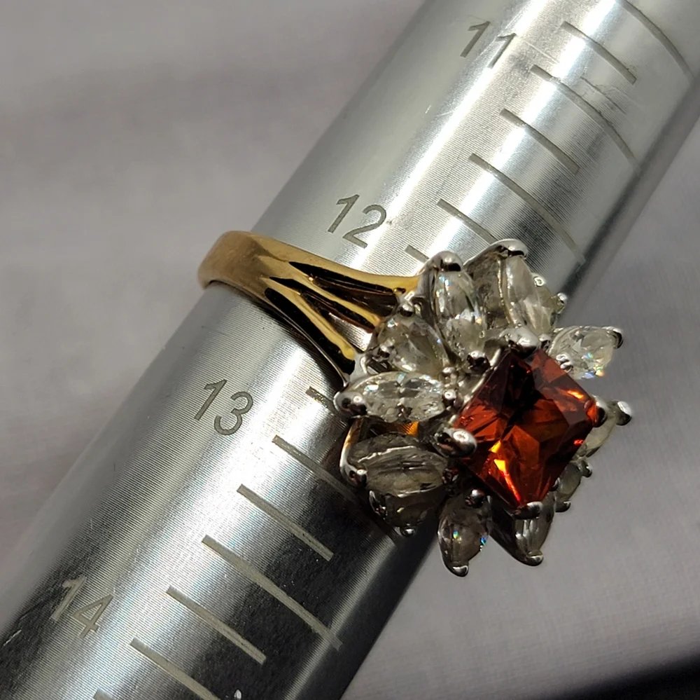 Gorgeous Vintage Sunburst Cocktail Ring Simulated Garnet and Diamond